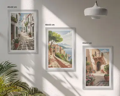 Ulice, kuće, biljke, lonci triptih u okviru