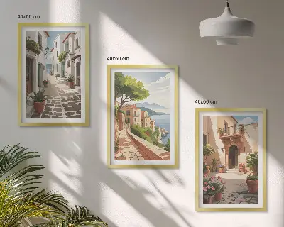 Ulice, kuće, biljke, lonci triptih u okviru