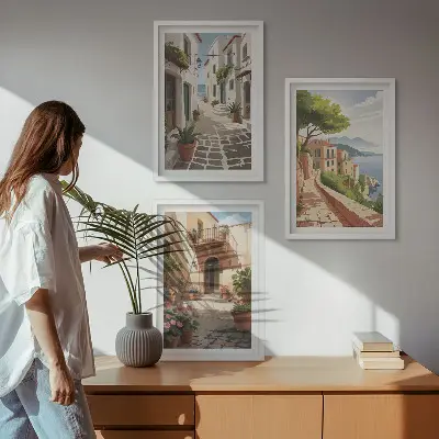 Ulice, kuće, biljke, lonci triptih u okviru