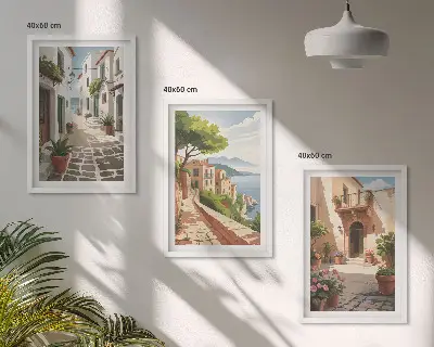 Ulice, kuće, biljke, lonci triptih u okviru