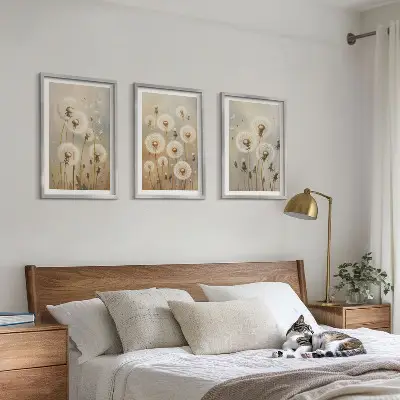Bijeli maslačci na svijetloj pozadini set od 3 slike u okviru