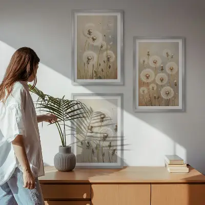 Bijeli maslačci na svijetloj pozadini set od 3 slike u okviru