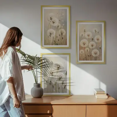 Bijeli maslačci na svijetloj pozadini set od 3 slike u okviru