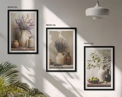 Set 3 slike u okviru cvijeće u vazama i ukrasi od maslina