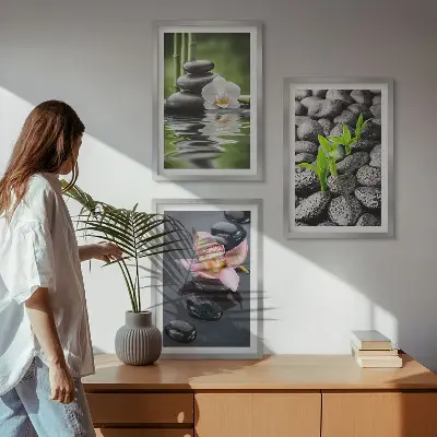 Mirna zen kompozicija cvijeća i vode triptih u okviru
