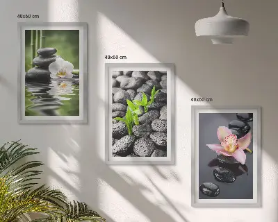 Mirna zen kompozicija cvijeća i vode triptih u okviru