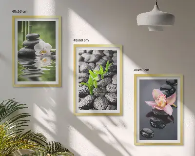 Mirna zen kompozicija cvijeća i vode triptih u okviru