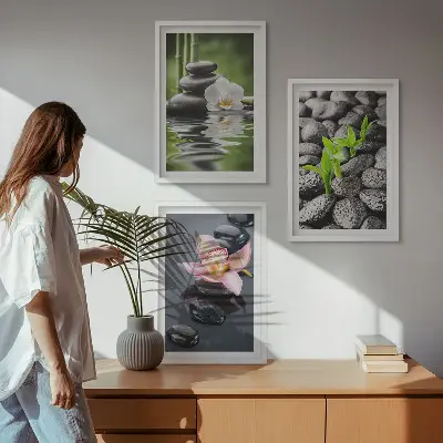 Mirna zen kompozicija cvijeća i vode triptih u okviru