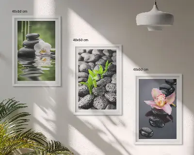 Mirna zen kompozicija cvijeća i vode triptih u okviru