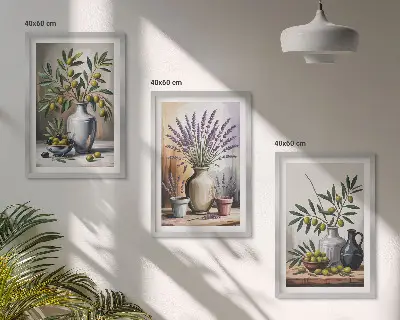 Set 3 slike u okviru motivi maslinovog cvijeća u vazama