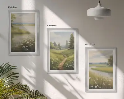 Proljetni krajolik riječne livade triptih u okviru
