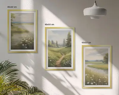 Proljetni krajolik riječne livade triptih u okviru