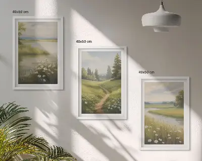 Proljetni krajolik riječne livade triptih u okviru