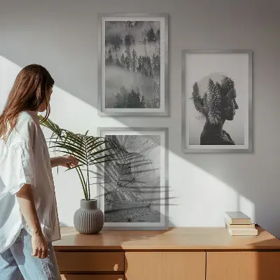 Set od 3 slike u okviru šuma s motivom maglovitog drveća i maslačka