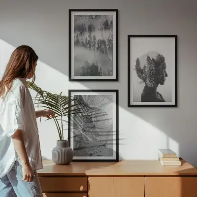 Set od 3 slike u okviru šuma s motivom maglovitog drveća i maslačka