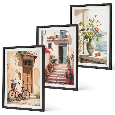 Set 3 slike u okviru Ulice, cvijeće i bicikli
