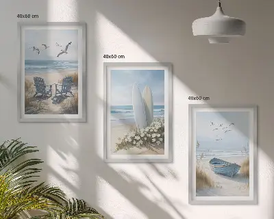 Ptice na daskama za surfanje na plaži triptih u okviru