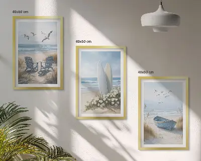 Ptice na daskama za surfanje na plaži triptih u okviru