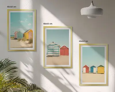Triptih u okviru šarene kuće, plaža i sunce