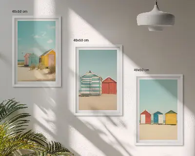 Triptih u okviru šarene kuće, plaža i sunce