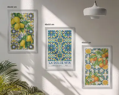 Set od 3 slike u okviru limuni, naranče i cvijeće s motivom Italije