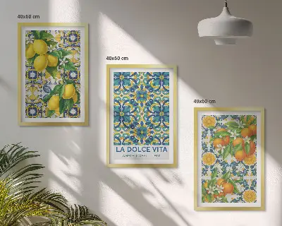 Set od 3 slike u okviru limuni, naranče i cvijeće s motivom Italije