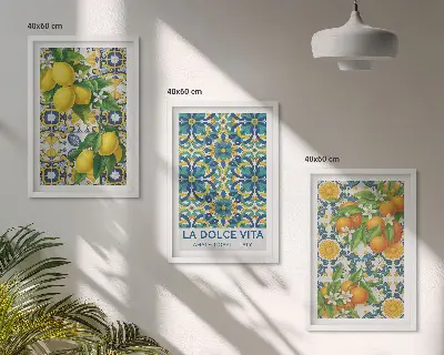 Set od 3 slike u okviru limuni, naranče i cvijeće s motivom Italije