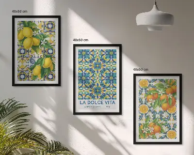 Set od 3 slike u okviru limuni, naranče i cvijeće s motivom Italije