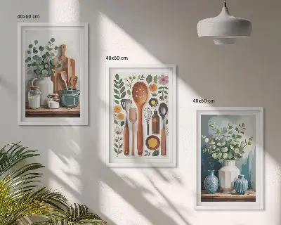 Set 3 slike u okviru motiv kuhinjskog pribora na biljnoj bazi