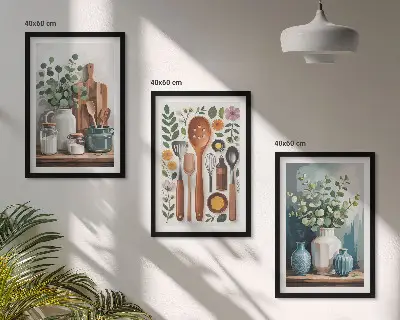 Set 3 slike u okviru motiv kuhinjskog pribora na biljnoj bazi
