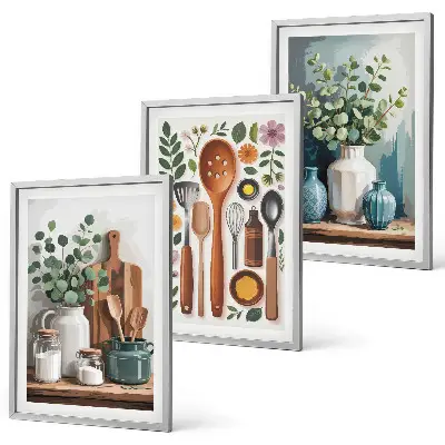 Set 3 slike u okviru motiv kuhinjskog pribora na biljnoj bazi