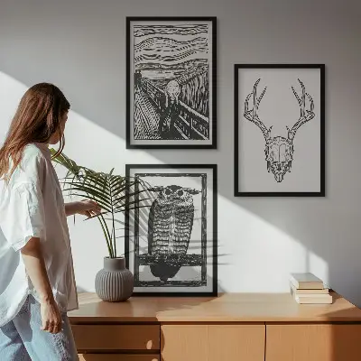 Grafika vrišteće lubanje sove triptih u okviru