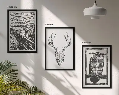 Grafika vrišteće lubanje sove triptih u okviru