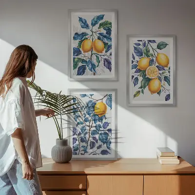 Plavo lišće grana limuna set od 3 slike u okviru