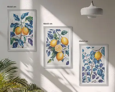 Plavo lišće grana limuna set od 3 slike u okviru