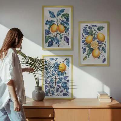 Plavo lišće grana limuna set od 3 slike u okviru