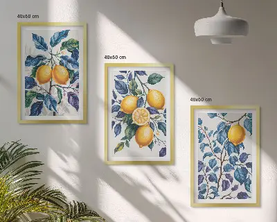 Plavo lišće grana limuna set od 3 slike u okviru