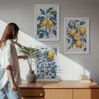 Plavo lišće grana limuna set od 3 slike u okviru