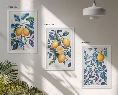 Plavo lišće grana limuna set od 3 slike u okviru