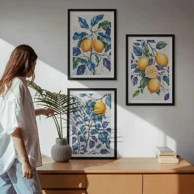 Plavo lišće grana limuna set od 3 slike u okviru