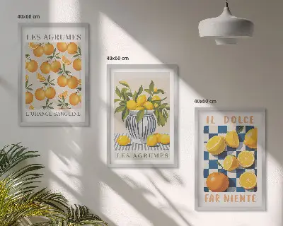 Triptih s motivom citrusa u retro žutom okviru