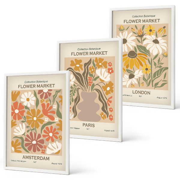Set 3 slike u okviru Cvjetni uzorci Amsterdam Pariz London