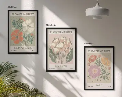 Zidna galerija cvjetnih plakata s motivima Kopenhagena Londona i Pariza