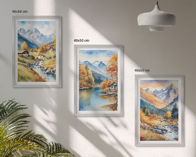 Set 3 slike u okviru Kuće na rijeci u jesenskim planinama