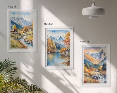 Set 3 slike u okviru Kuće na rijeci u jesenskim planinama