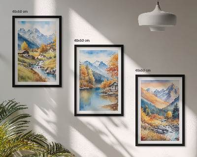 Set 3 slike u okviru Kuće na rijeci u jesenskim planinama