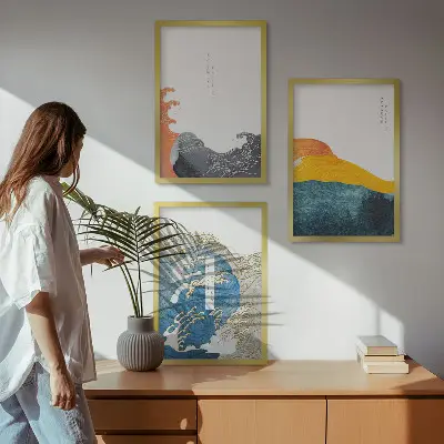 Valovi japanskog grafičkog stila triptih u okviru