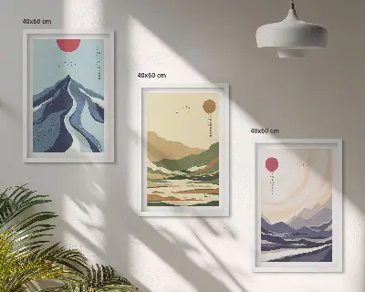 Pastelne planine u japandi stilu set od 3 slike u okviru