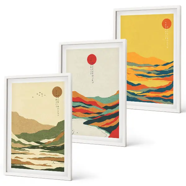 Set od 3 slike u okviru šareni uzorci planina i rijeka u japandi stilu