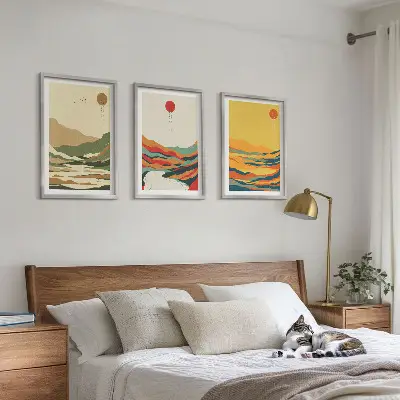 Set od 3 slike u okviru šareni uzorci planina i rijeka u japandi stilu